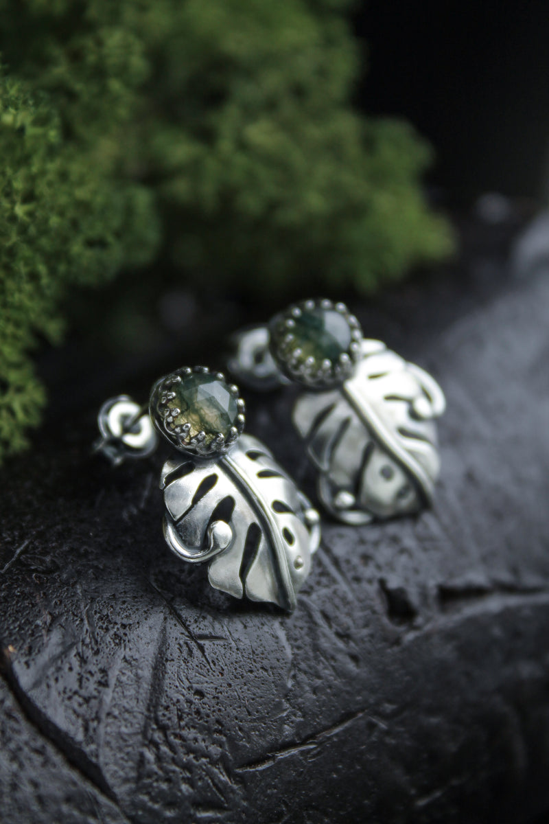 Monstera Leaf earrings studs silver Elven jewelry Botanical earrings - Main Image