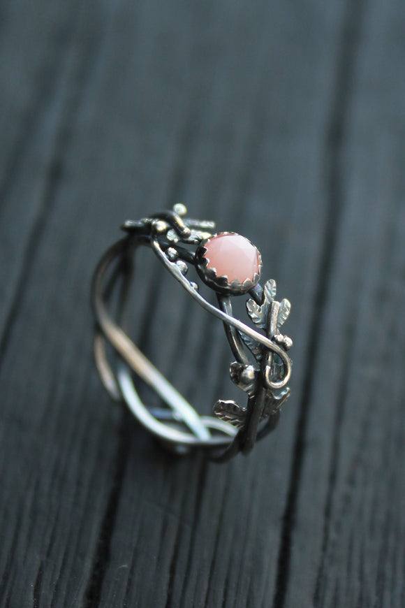 Pink opal engagement ring with fern leaf Silversmithing