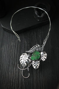 Monstera necklace with uvarovite Sterling silver open necklace Statement cuff Botanical jewelry