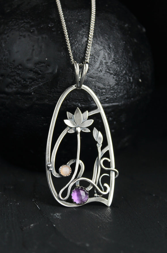 Amethyst lotus pendant Floral jewelry