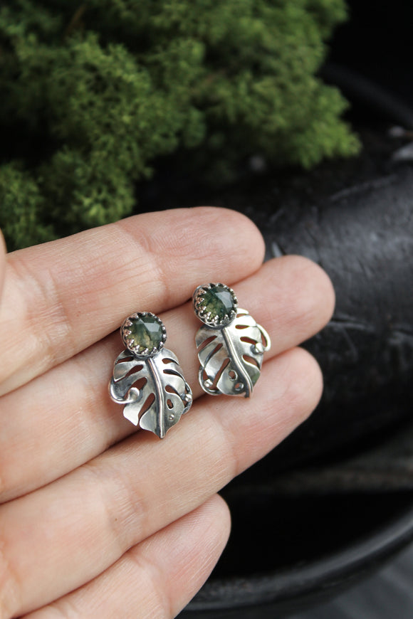 Monstera Leaf earrings studs silver Elven jewelry Botanical earrings