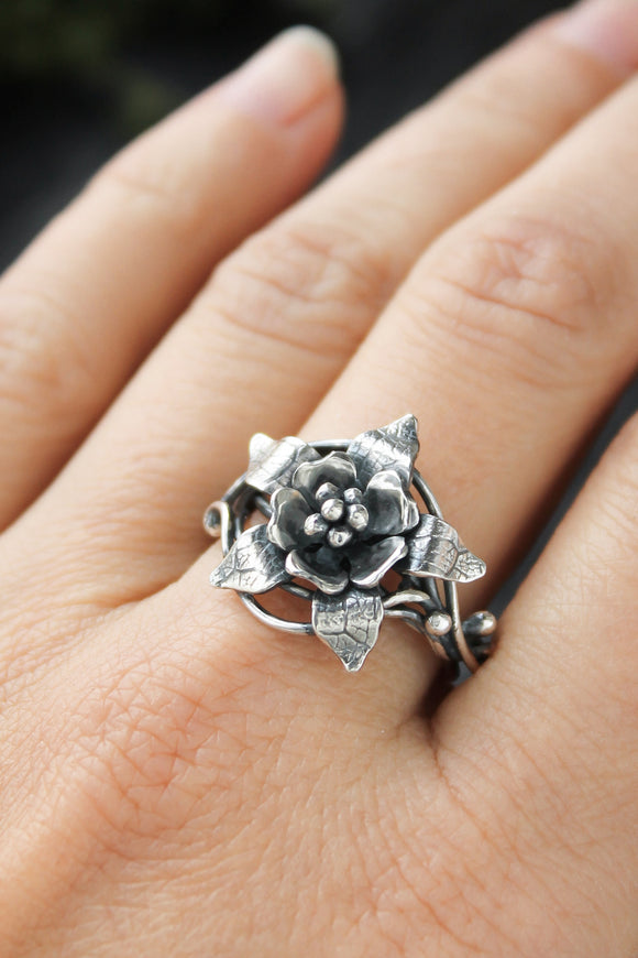 Columbina flower silver ring Botanical jewelry Floral proposal ring