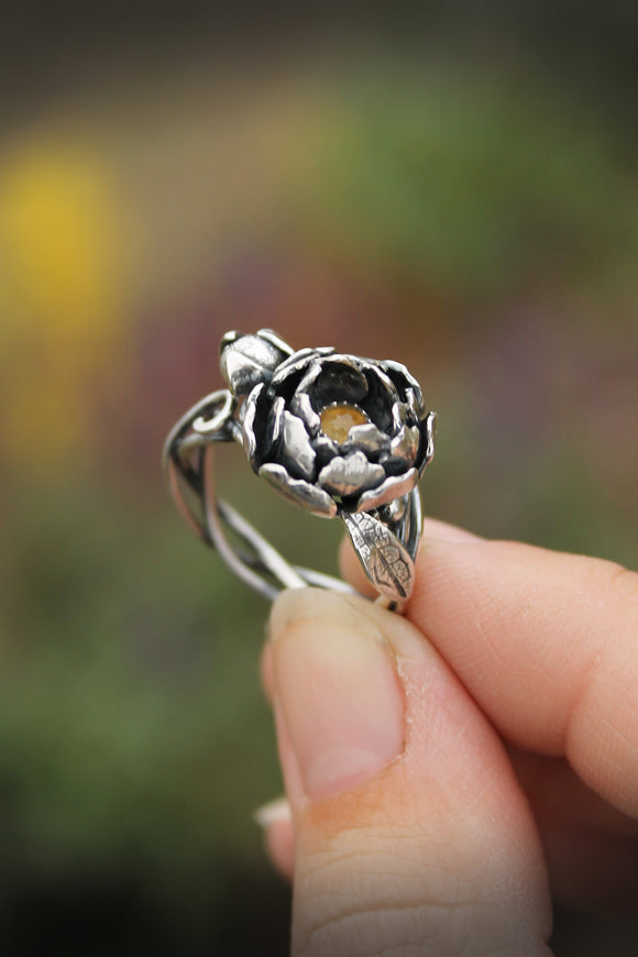 Peony silver ring Botanical jewelry Floral proposal ring