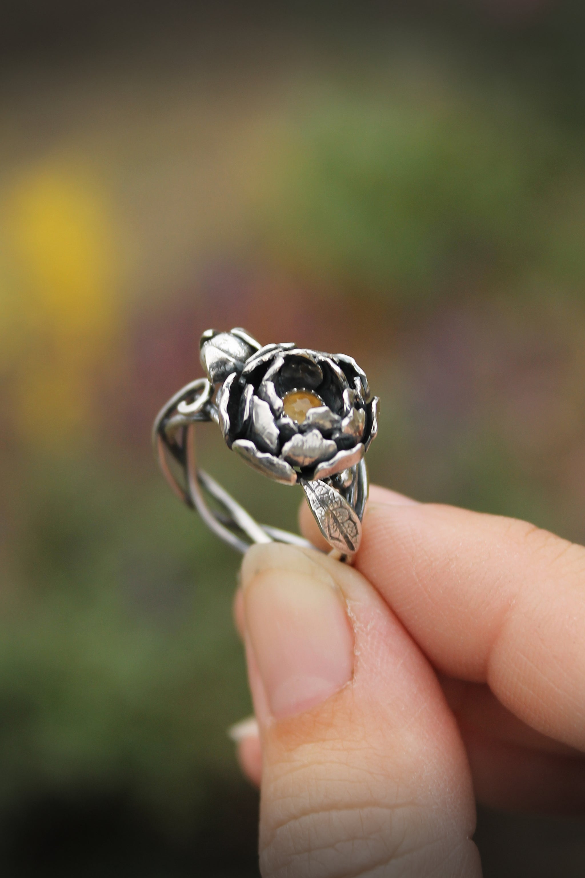 Peony silver ring Botanical jewelry Floral proposal ring – Ursula 