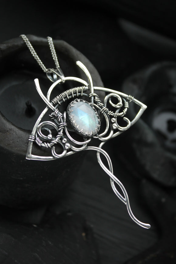 Manta ray silver pendant with moonstone Wire wrapped jewelry Nautical necklace