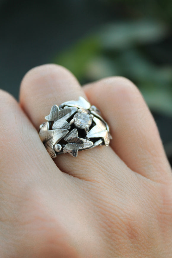 Ivy leaves ring, Sterling silver, Elven proposal ring