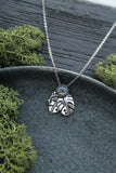 Monstera leaf silver pendant with Moss Agate Botanical jewelry