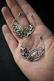Fern leaf and Forget-me-not hoop earrings Elven jewelry Silver, tourmaline
