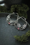 Fern leaf and Forget-me-not hoop earrings Elven jewelry Silver, tourmaline