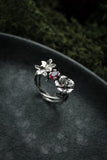 Hibiscus fand Impala lily silver ring Botanical jewelry Floral proposal ring