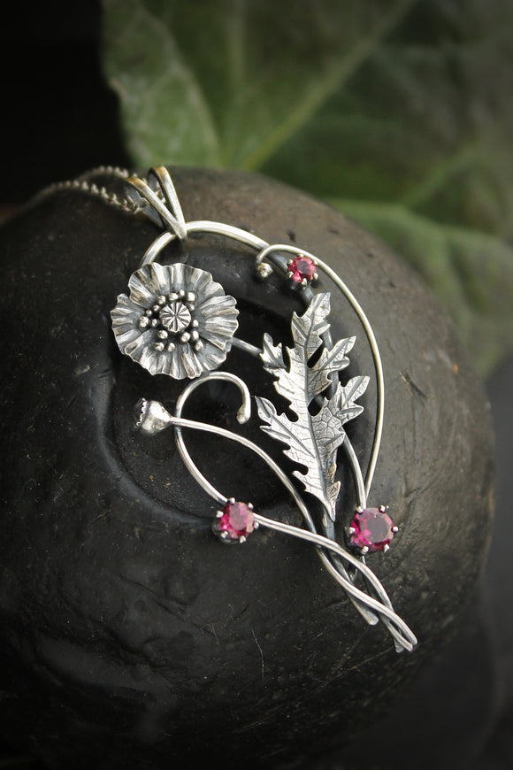 Poppy necklace Sterling silver botanical jewelry Plant necklace