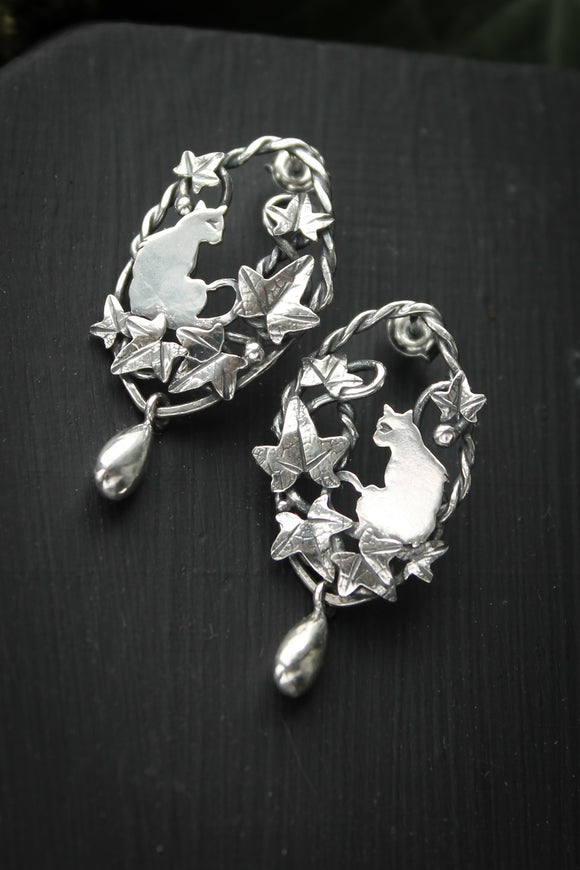 Cat and ivy earrings Botanical jewelry