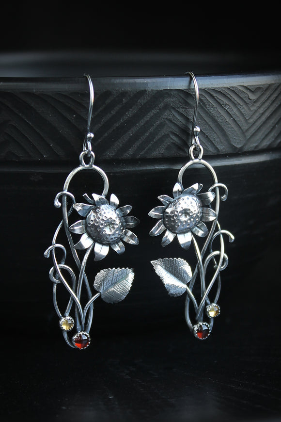 Sunflower earrings Floral jewelry Handcrafted silversmithing