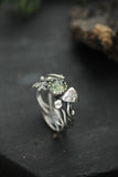 Monstera and mushrooms ring Silver botanical agate moss ring