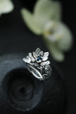 Proposal ring with silver Lotus flower Bohemian wedding Botanical jewelry