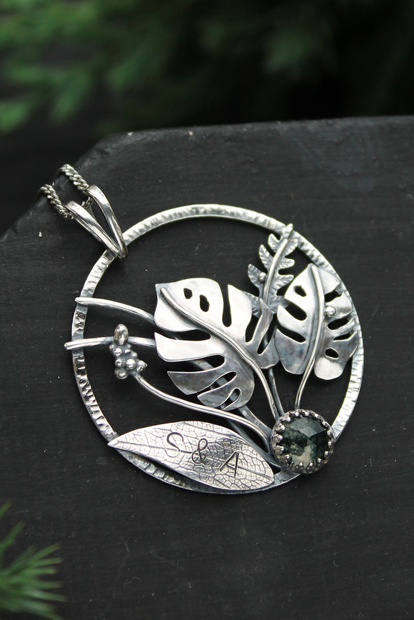 Monstera with initials Silver plant pendant Botanical jewelry