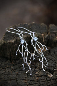 Silver twig earrings with gems