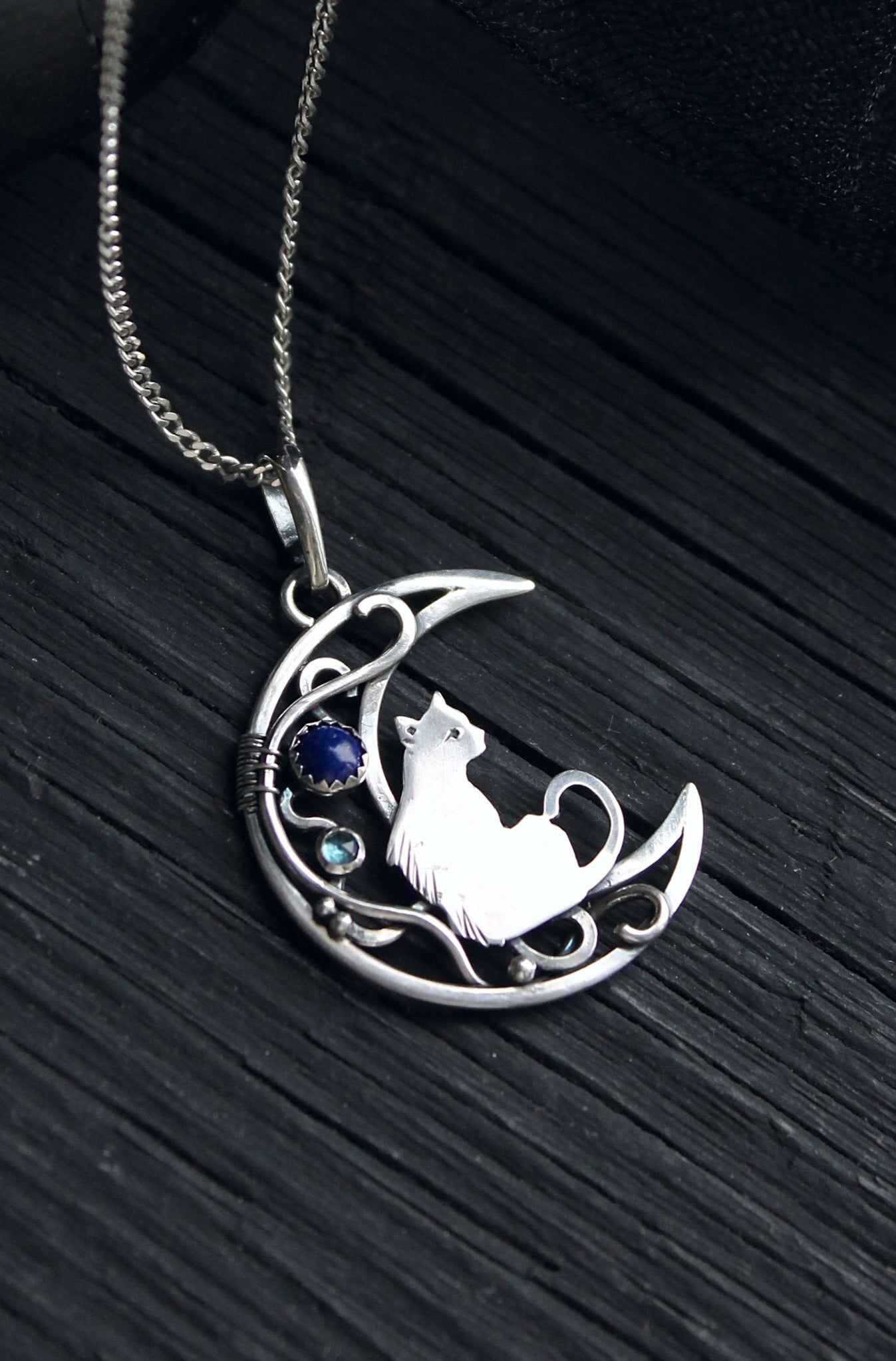 925 Sterling Silver Crescent Moon Cat Pendant Necklace With Cubic Zirconia Star - Rhodium Plated